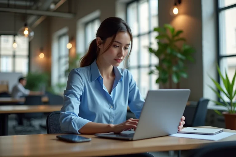 Jeune femme professionnelle travaillant sur son ordinateur dans un coworking parisien