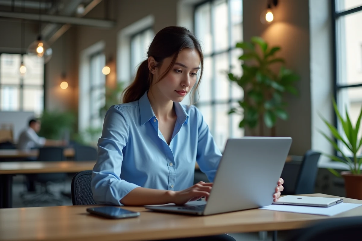 Jeune femme professionnelle travaillant sur son ordinateur dans un coworking parisien