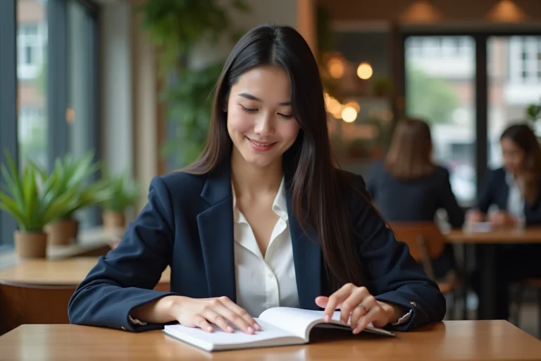 Jeune femme confiante dans un café moderne pour l'article