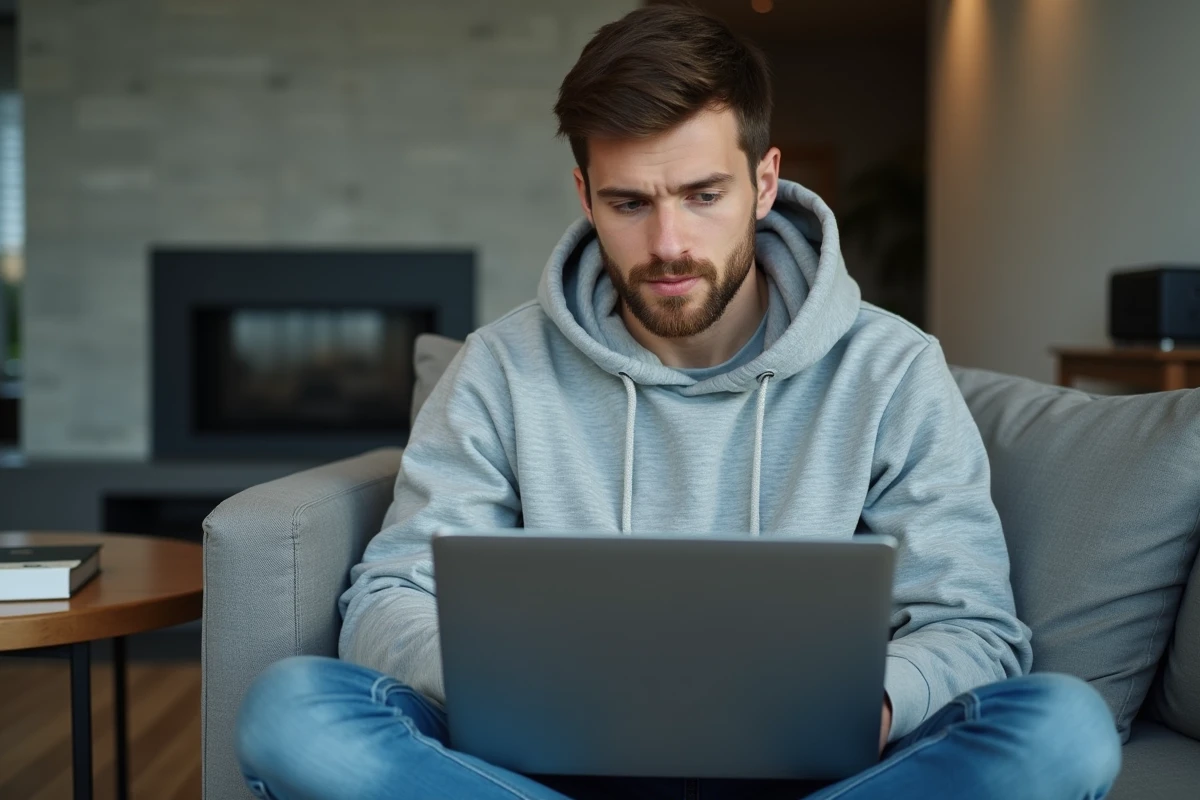 Jeune homme consultant les paramètres d'un antivirus pour Firefox sur son ordinateur portable dans un salon moderne