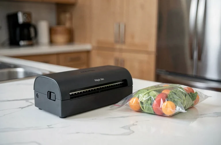 Machine sous vide Magic Vac Maxima 2 posée sur un plan de travail en marbre blanc dans une cuisine moderne