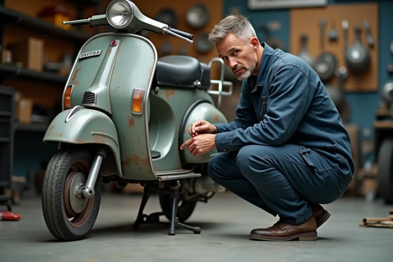 Mécanicien inspectant un scooter 125cc usagé dans un atelier de réparation moto