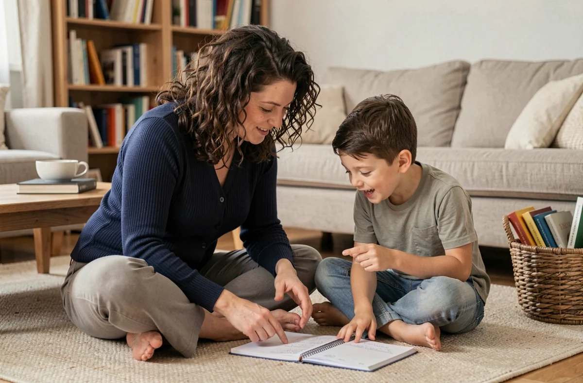 Mère aidant son fils à faire ses devoirs sur le tapis du salon, accompagnement parental et soutien scolaire