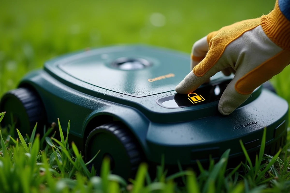 Gros plan sur le panneau de commande verrouillé d'un robot tondeuse Parkside avec un doigt sur le bouton de réinitialisation