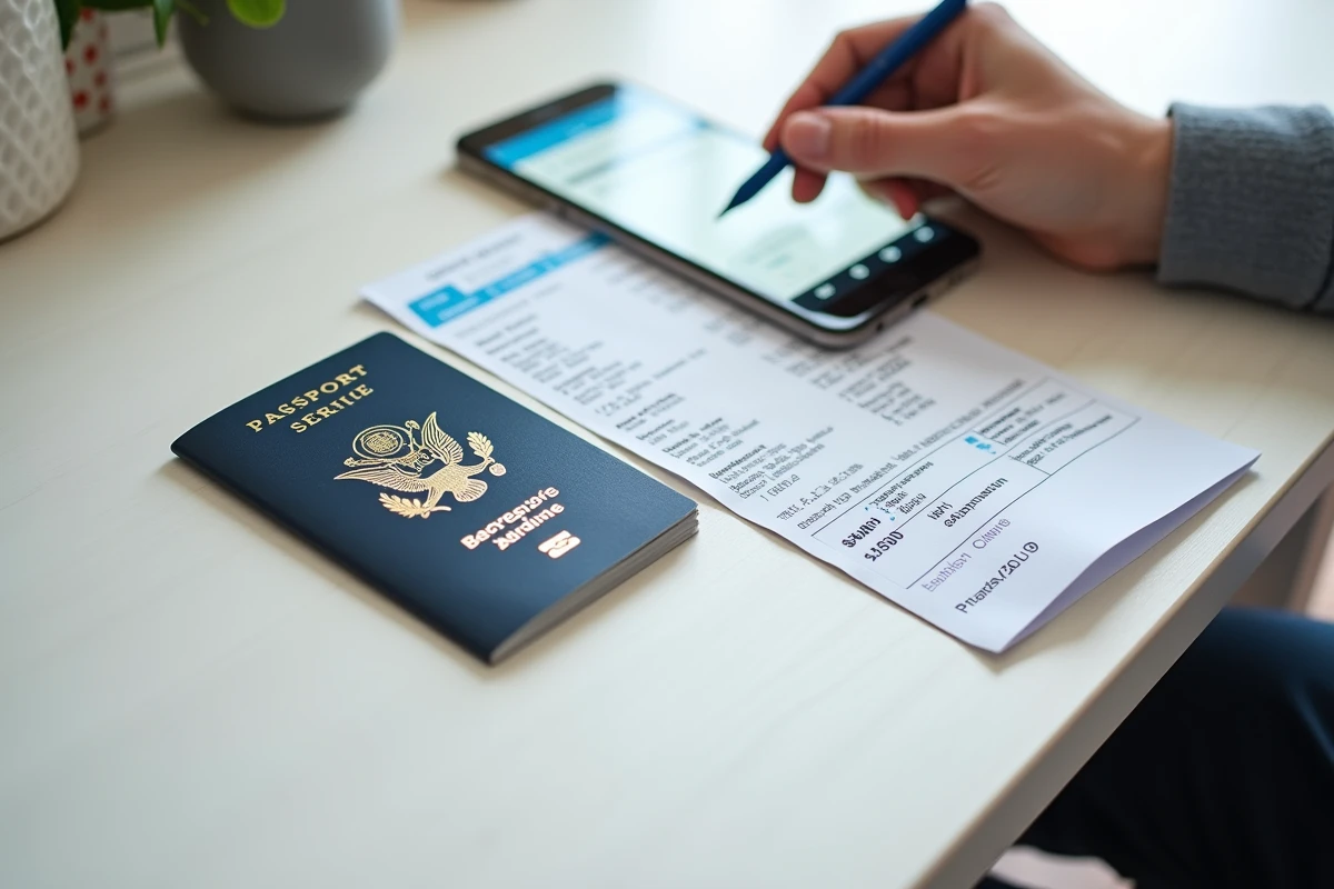Passeport et carte d'embarquement posés sur un bureau avec smartphone affichant un service client compagnie aérienne