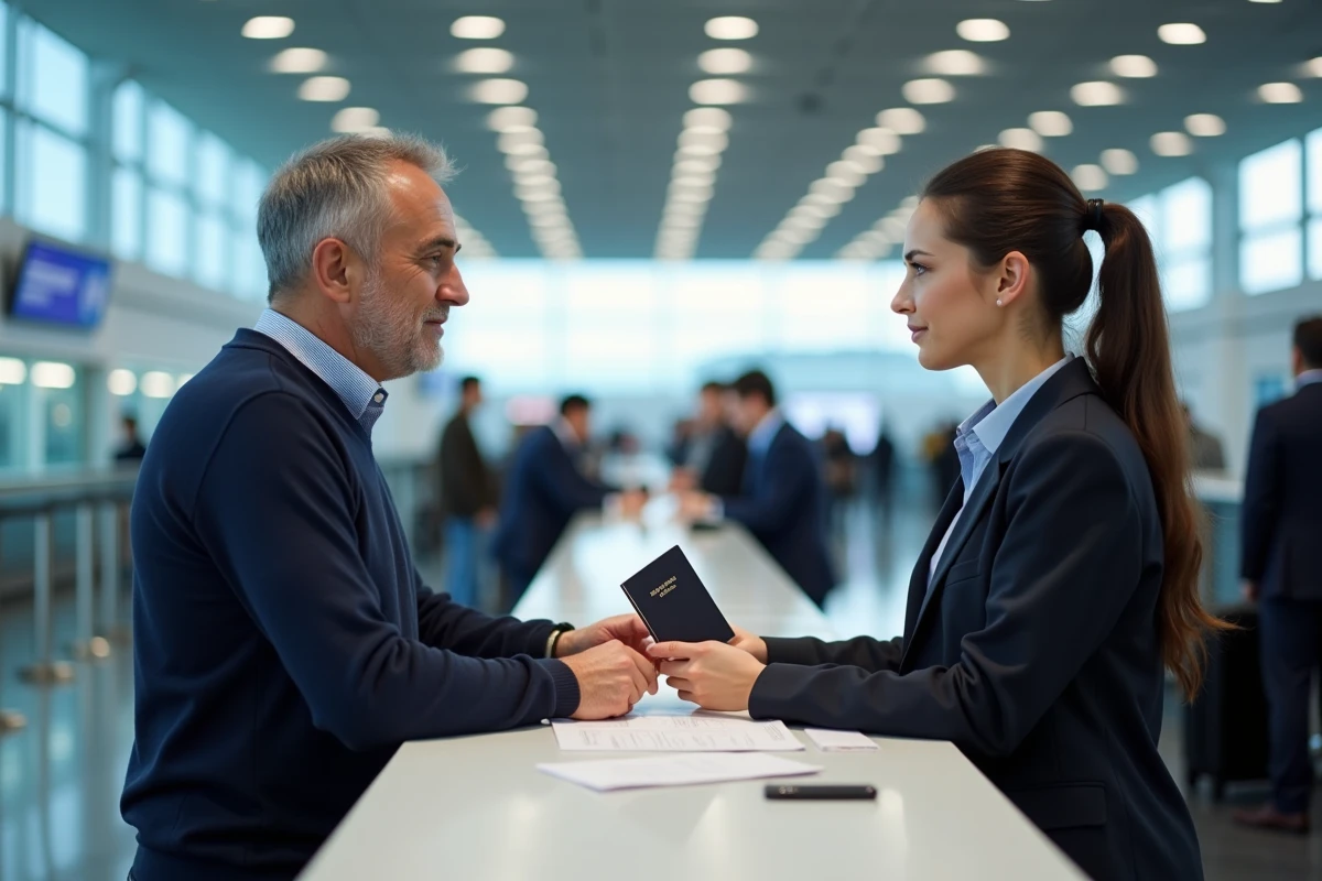 Voyageur remettant son passeport à un agent au comptoir d'enregistrement de l'aéroport