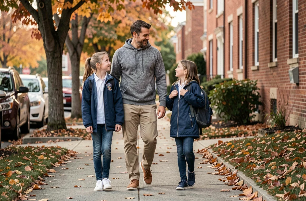 Père accompagnant ses deux filles sur le chemin de l'école en automne, parentalité bienveillante au quotidien