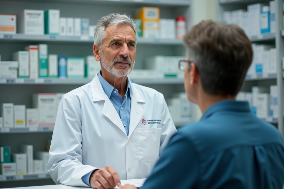 Pharmacien expliquant des précautions médicamenteuses au client