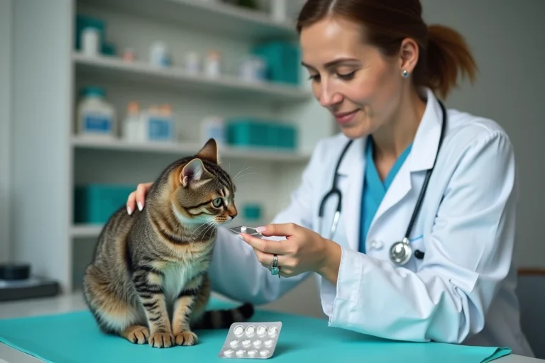 Vétérinaire tenant une plaquette de pilules contraceptives pour chat lors d'une consultation en clinique vétérinaire