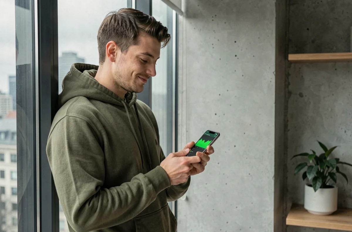Jeune homme consultant son portefeuille de cryptomonnaies sur smartphone devant une vue panoramique urbaine