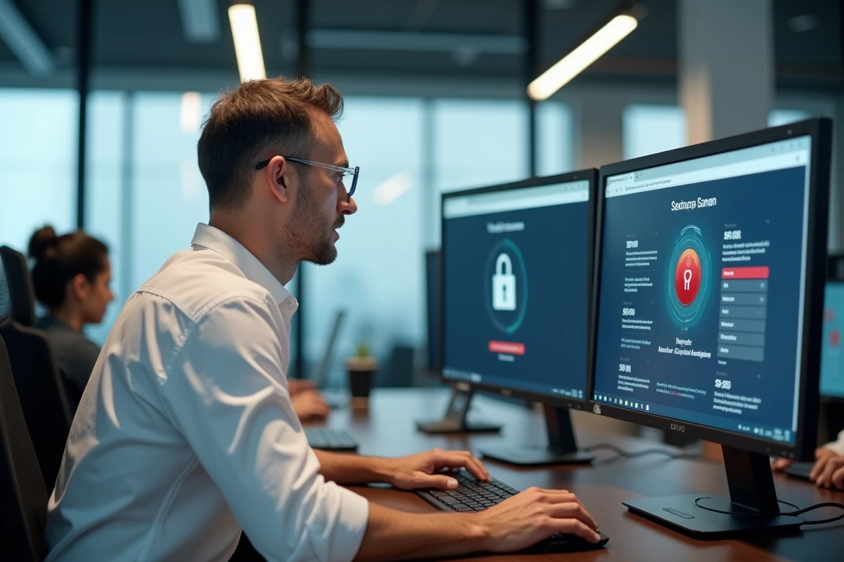 Professionnel en bureau open space vérifiant les paramètres de sécurité de Firefox sur un double écran