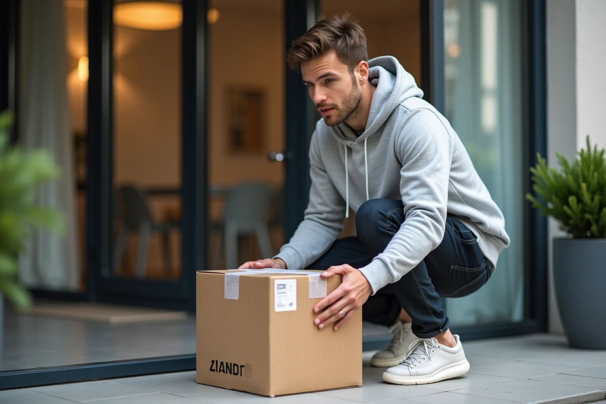 Jeune homme récupérant un colis Zalando livré devant la porte de son appartement