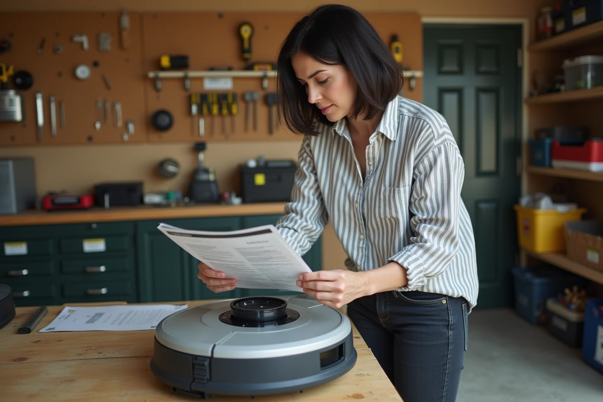 Femme consultant le manuel d'utilisation pour réinitialiser un robot tondeuse Parkside dans un garage