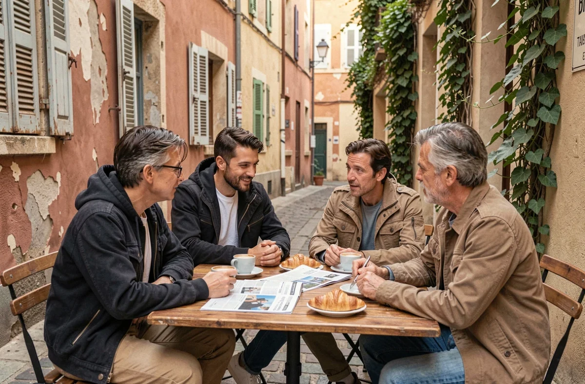 Groupe de résidents de Valbreon discutant des événements locaux autour d'un café en terrasse