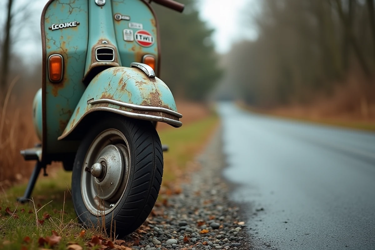 Scooter 125cc très usagé garé au bord d'une route rurale montrant des signes d'usure avancée