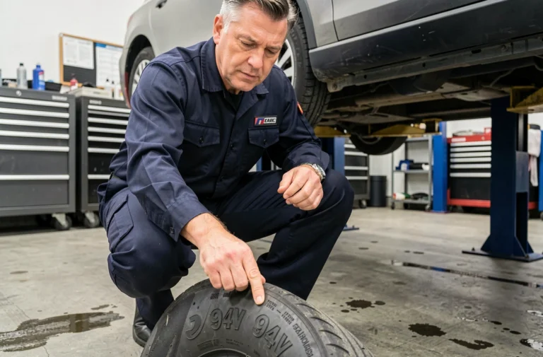 Technicien automobile examinant les marquages d'indice de vitesse 94V sur le flanc d'un pneu dans un garage professionnel