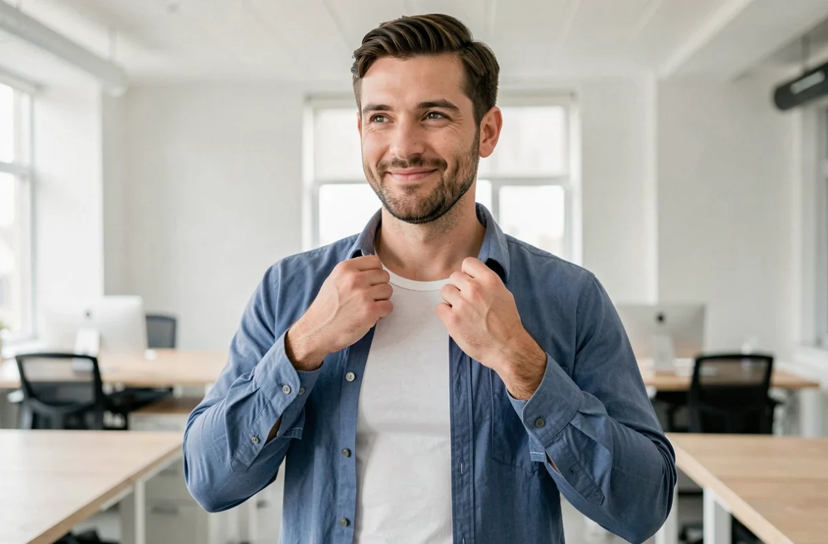 Homme portant le tee-shirt de posture Percko sous une chemise dans un bureau moderne