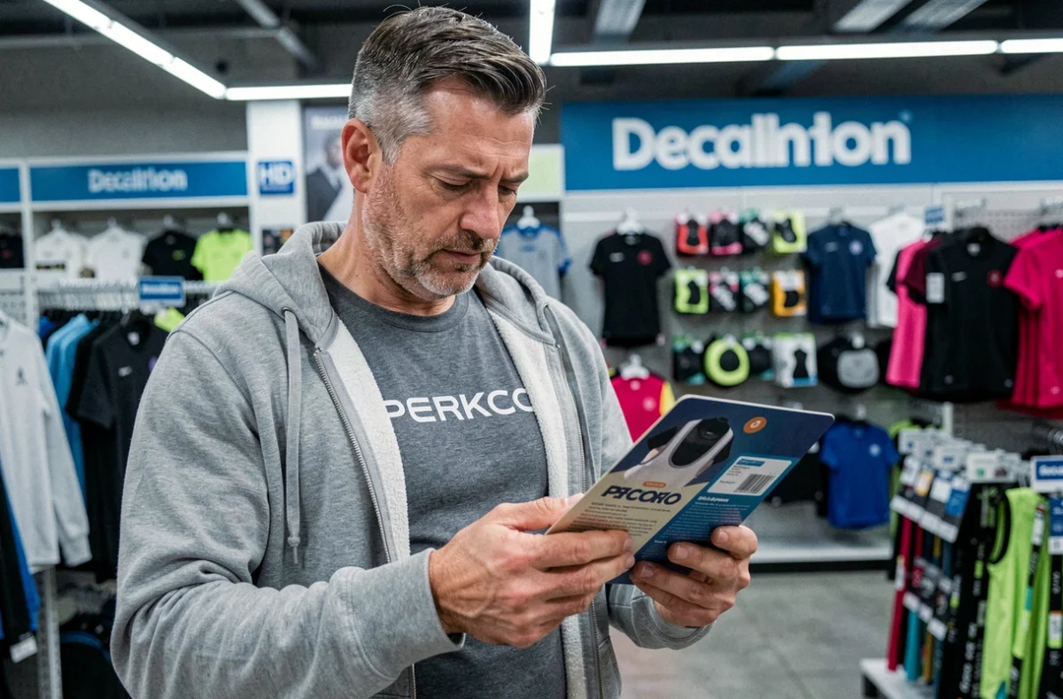 Client examinant le tee-shirt Percko en rayon dans un magasin Decathlon