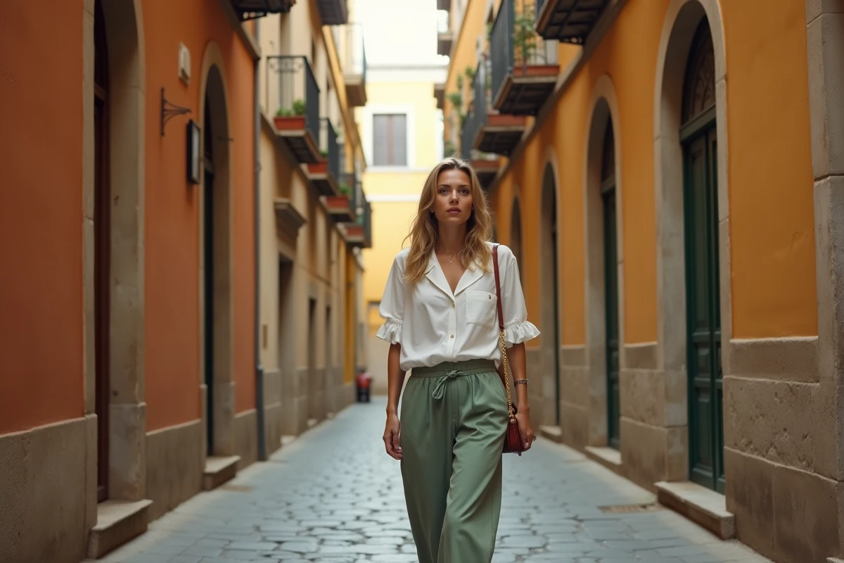 Femme en tenue légère lin blanc et vert sauge marchant dans une ruelle pavée de Palerme en Sicile