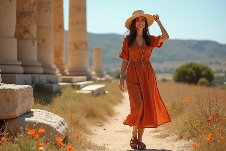 Femme portant une robe en lin terracotta et chapeau de paille devant les ruines grecques d'Agrigente en Sicile