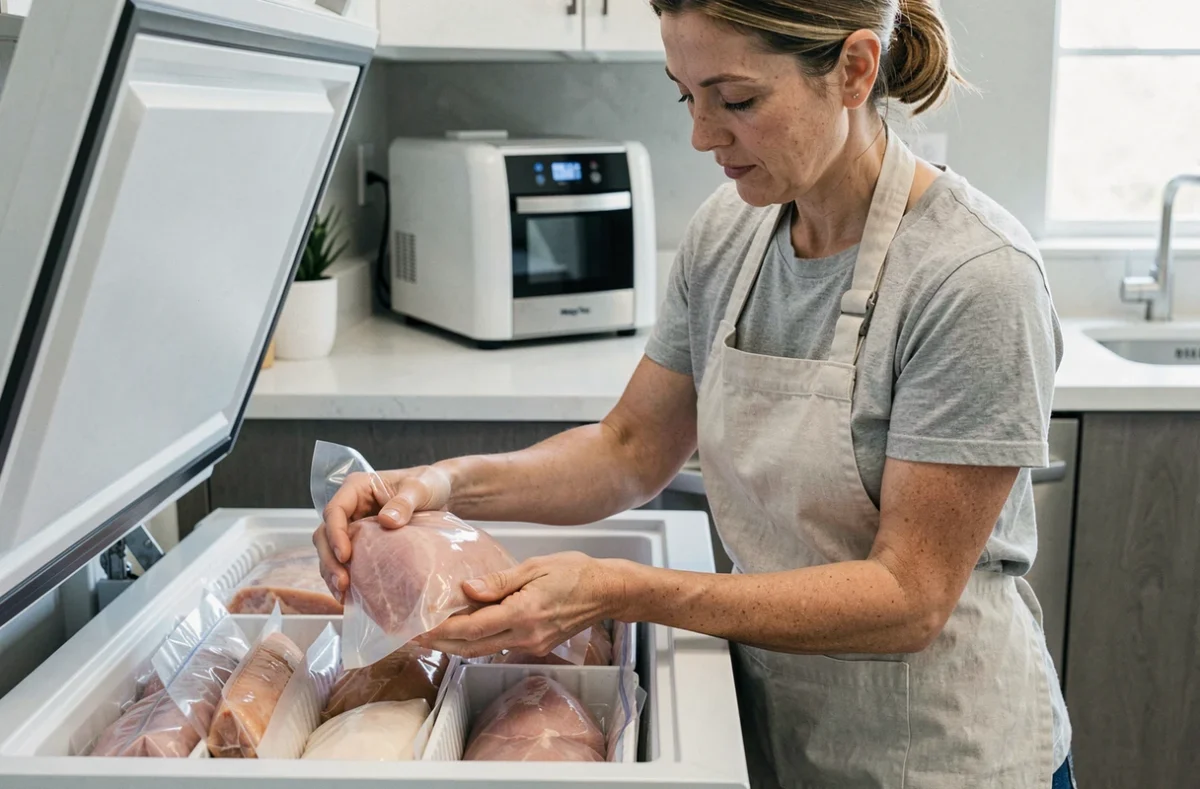 Femme utilisant une machine sous vide Magic Vac Maxima 2 pour conserver des aliments au congélateur