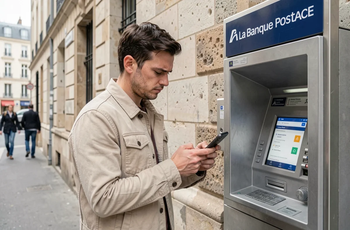 Personne vérifiant le statut d'un virement La Banque Postale en retard depuis son smartphone devant un distributeur